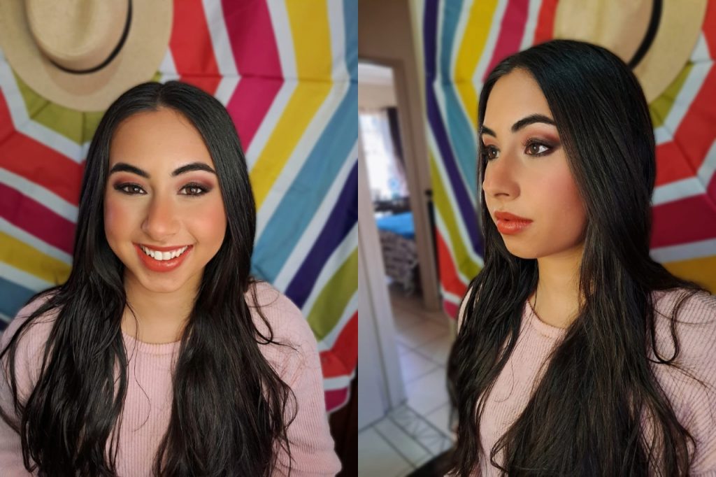 A woman with long dark hair, smiling against a bright background, showcasing her makeup in two images.