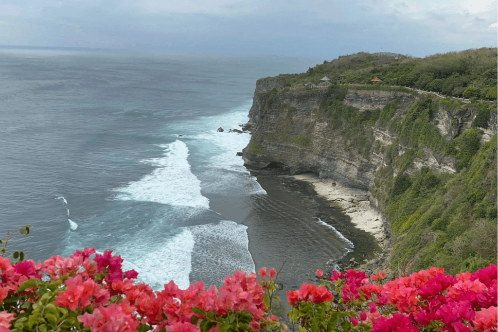 A vibrant landscape of Bali filled with colorful flowers, showcasing the island's natural beauty and lush greenery.