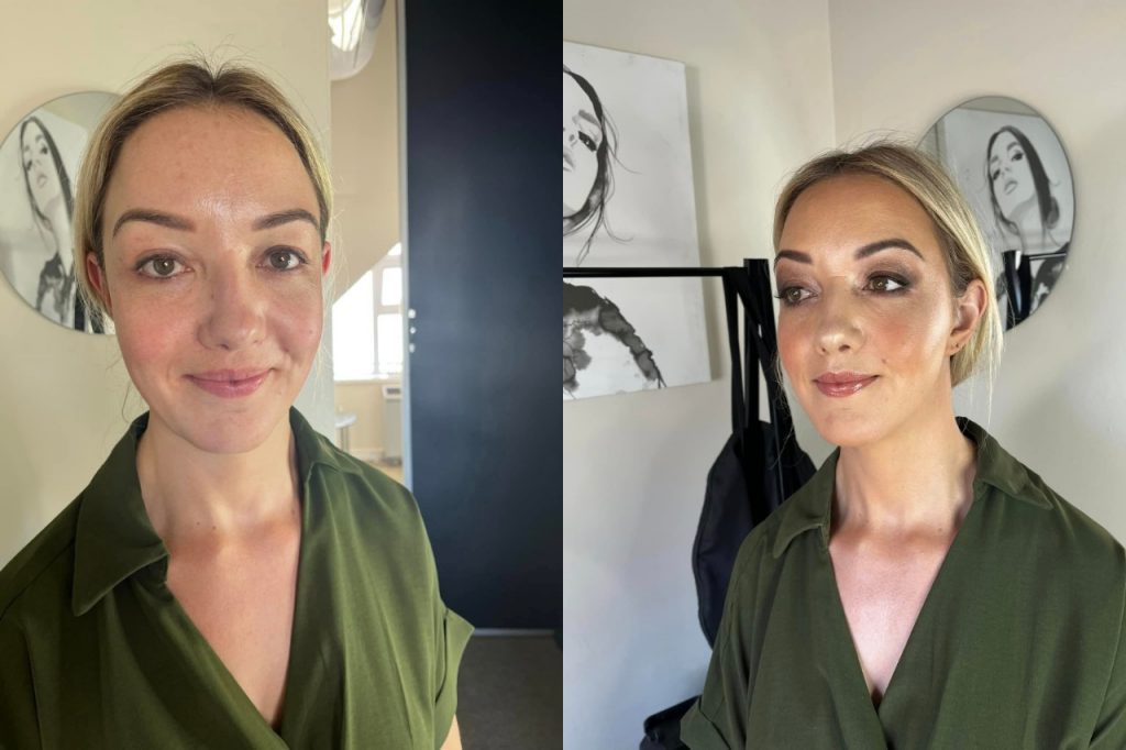 A woman with blonde hair in a green shirt, showcasing her appearance before and after applying makeup.
