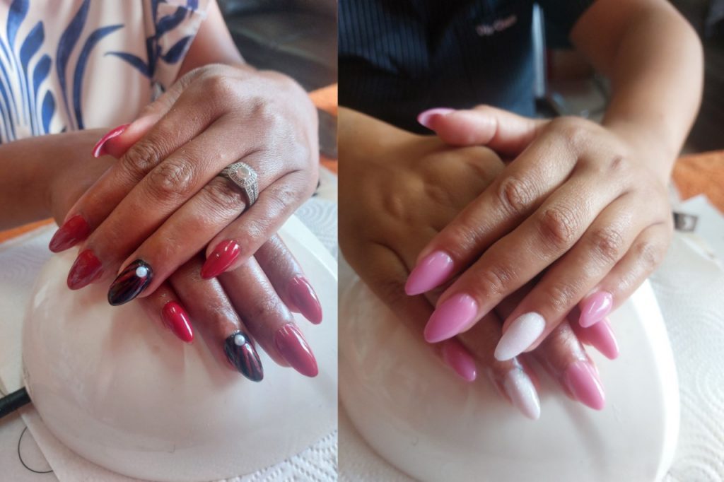 A woman displays her pink and red nail polish in two separate images.