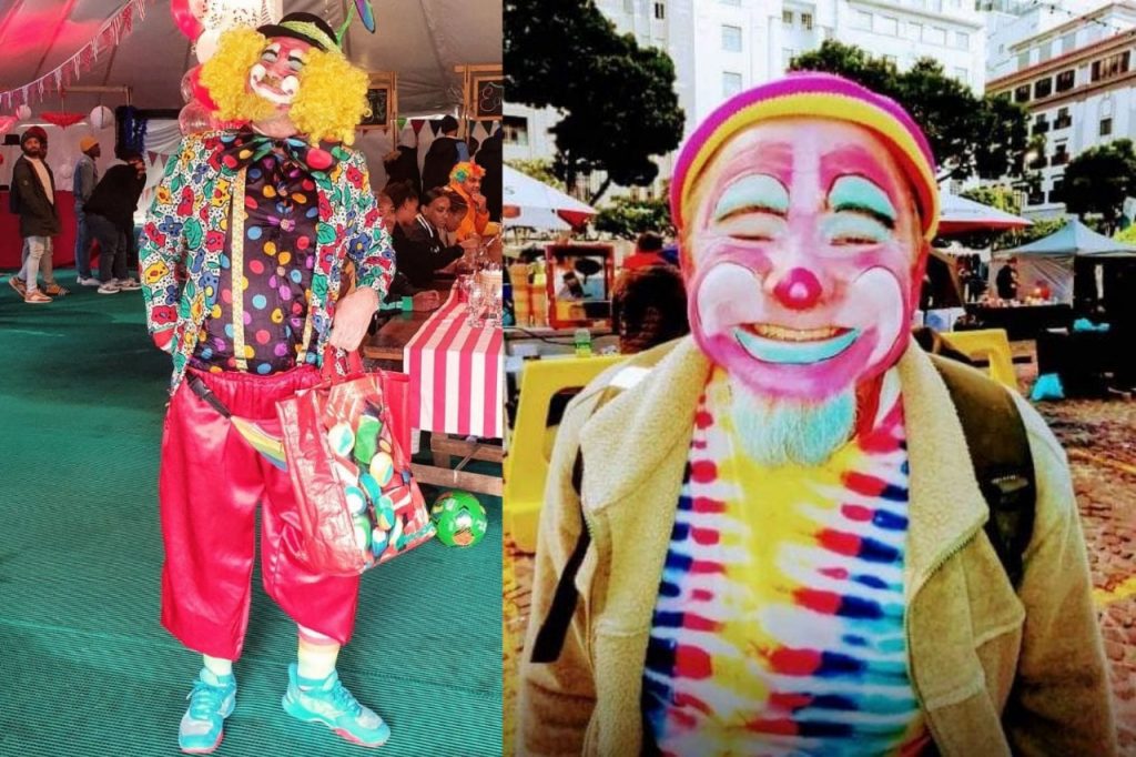 Two images: one of a man in a clown costume, the other of a man with a painted clown face.