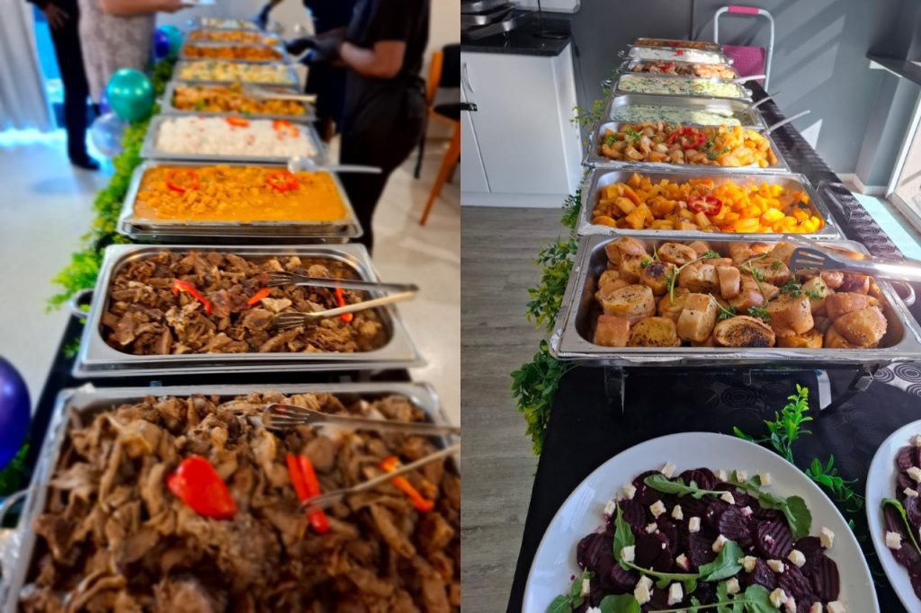 A buffet spread featuring various dishes displayed in two separate images.