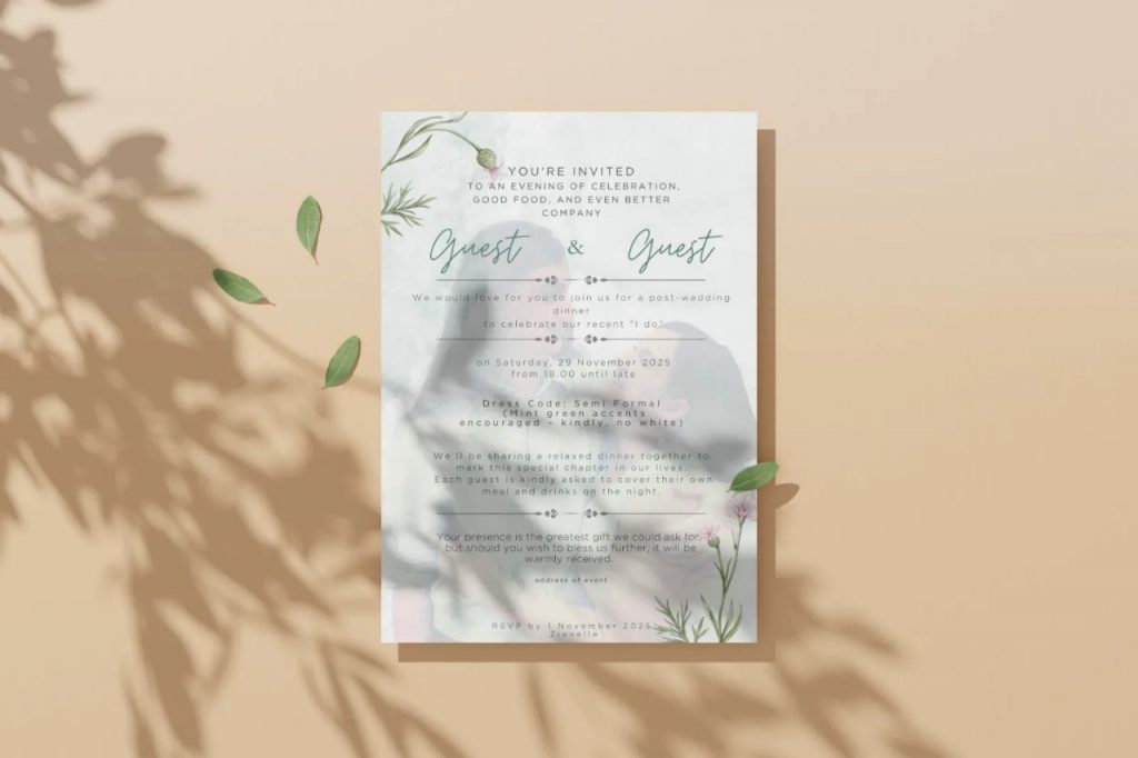 Wedding program template featuring elegant design by BCD Wedding Design, showcasing event details and floral accents.